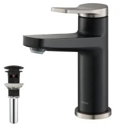 KRAUS Indy Single Handle Bathroom Faucet with Matching Pop-Up Drain in Spot Free Stainless Steel/Matte Black/Matte Black