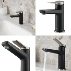 KRAUS Indy Single Handle Bathroom Faucet with Matching Pop-Up Drain in Spot Free Stainless Steel/Matte Black/Matte Black