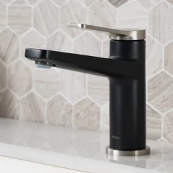 KRAUS Indy Single Handle Bathroom Faucet with Matching Pop-Up Drain in Spot Free Stainless Steel/Matte Black/Matte Black