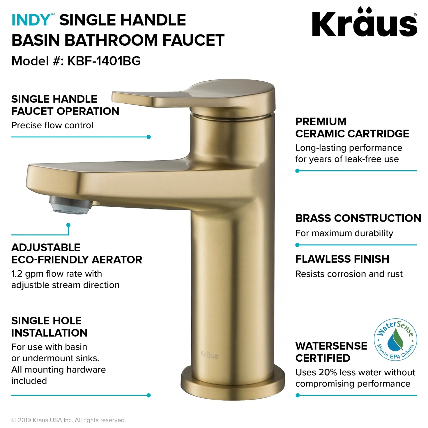 KRAUS Indy Single Handle Bathroom Faucet in Brushed Gold