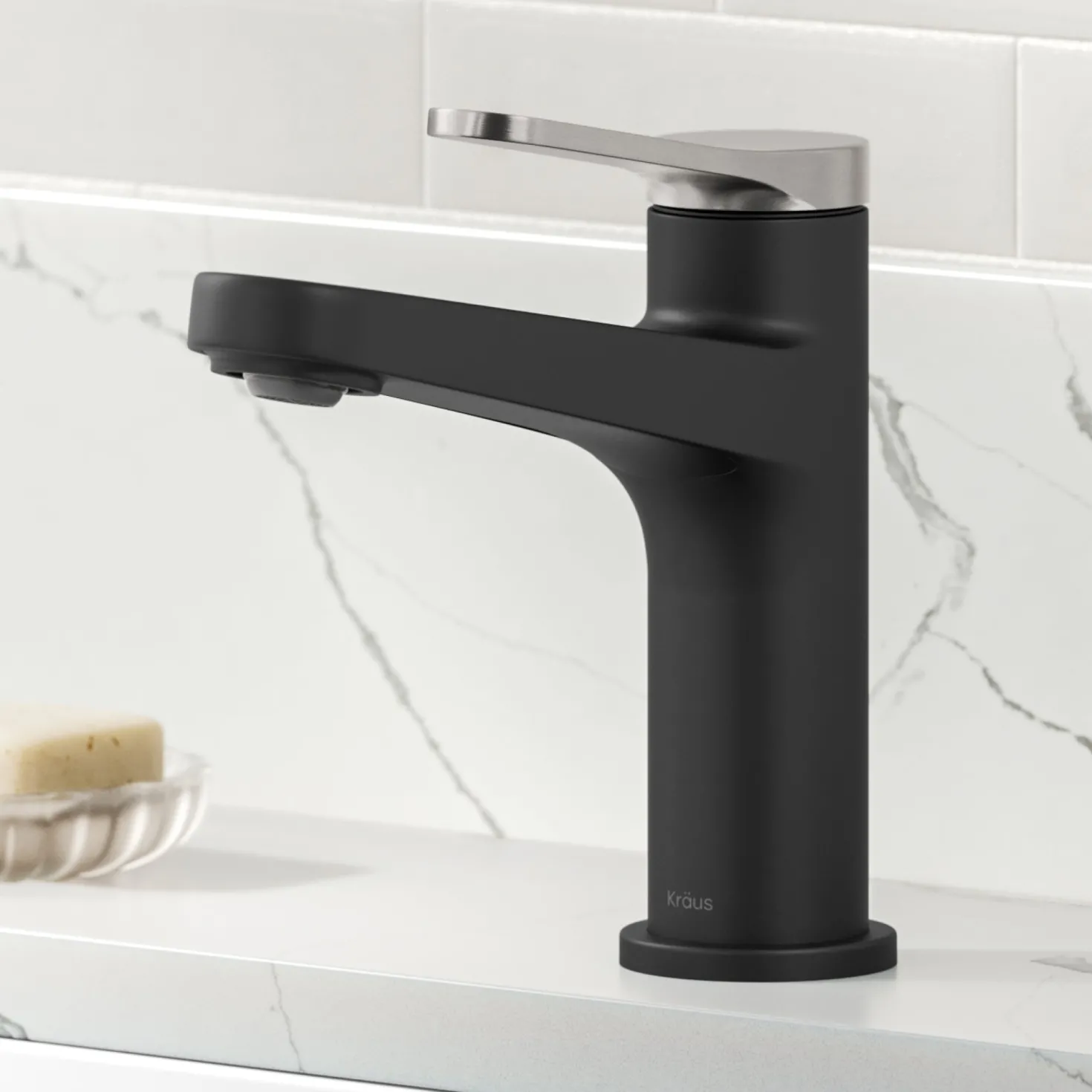 KRAUS Indy Single Handle Bathroom Faucet in Matte Black with Brushed Nickel
