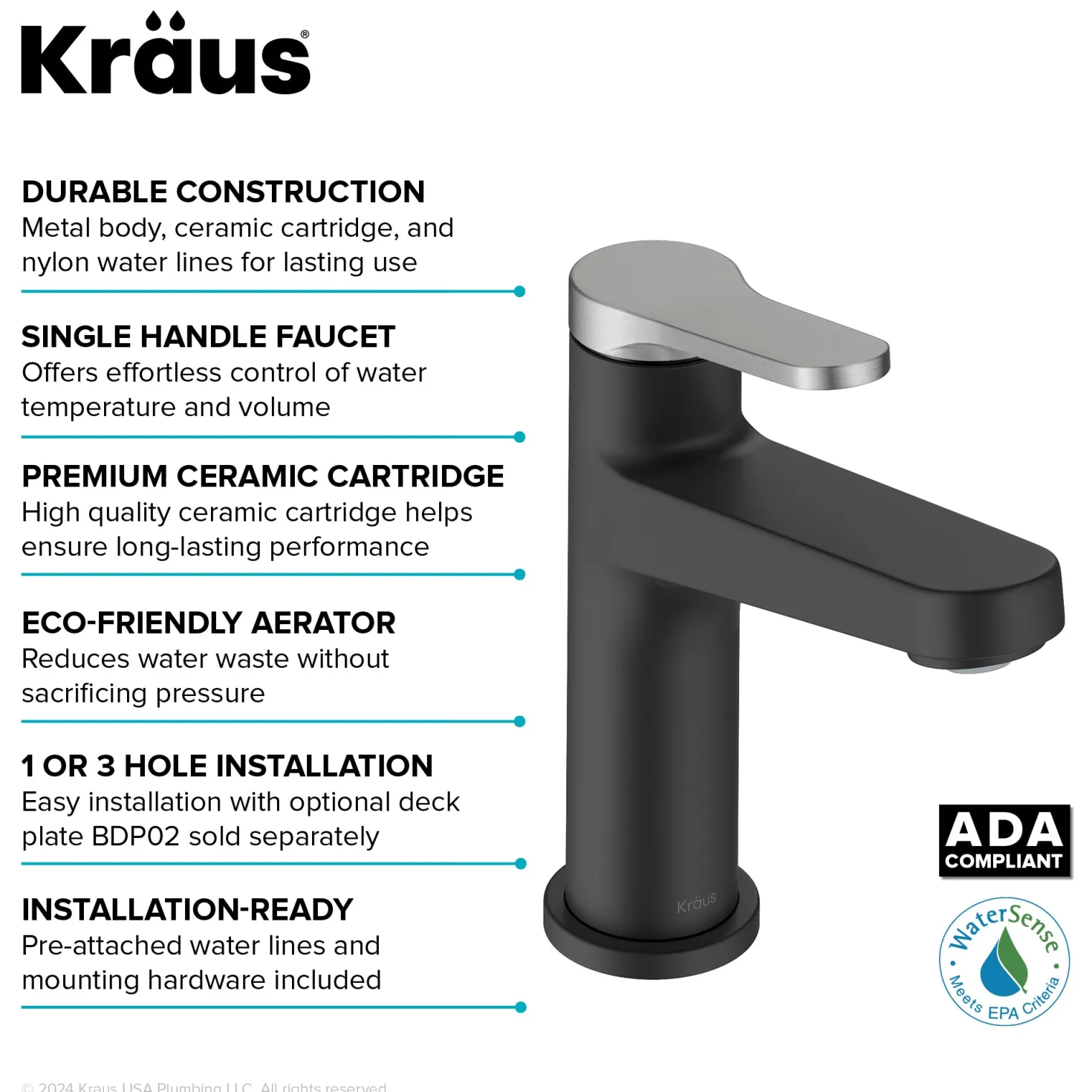 KRAUS Indy Single Handle Bathroom Faucet in Matte Black with Brushed Nickel