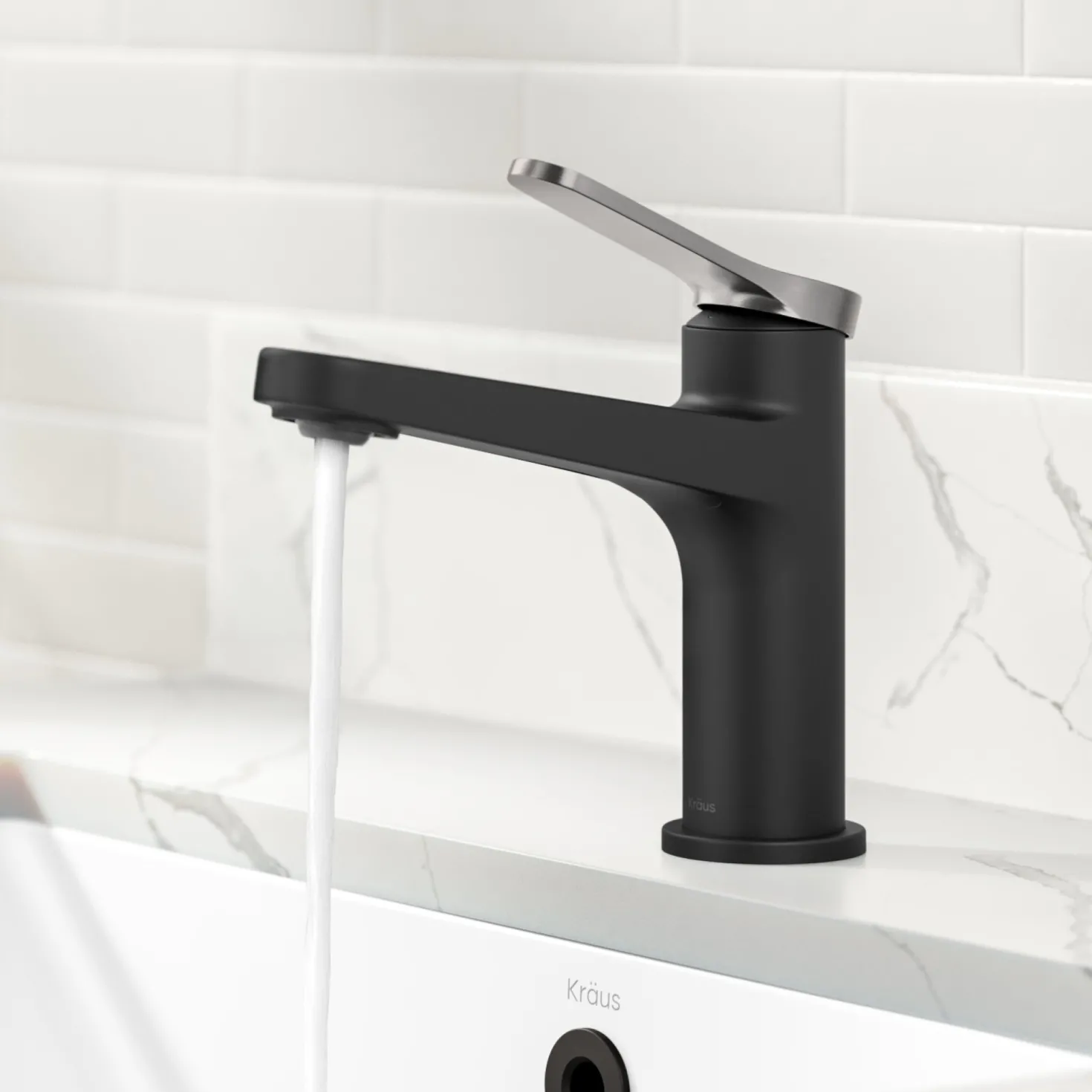 KRAUS Indy Single Handle Bathroom Faucet in Matte Black with Brushed Nickel