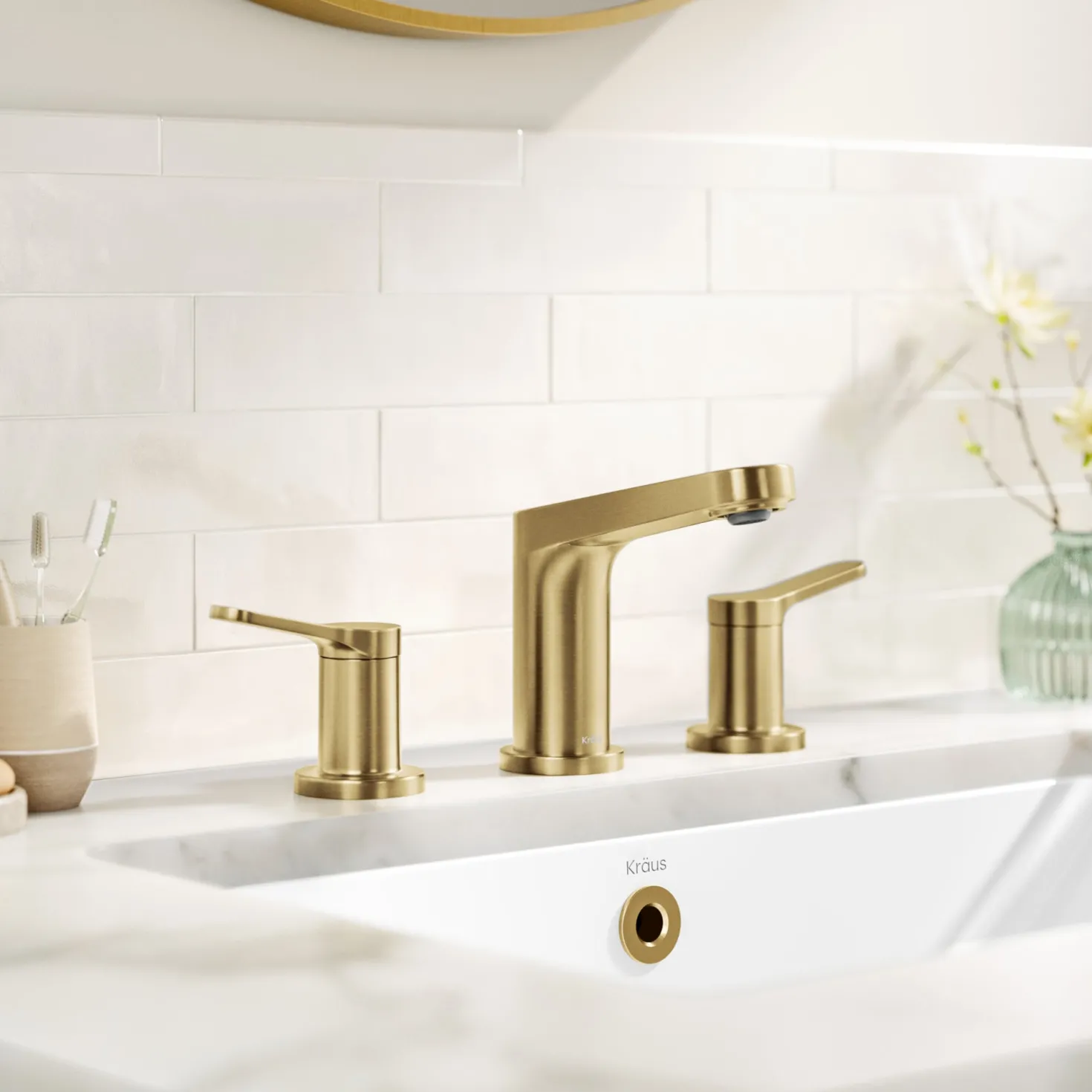 KRAUS Indy Widespread Bathroom Faucet in Spot-Free Brushed Brass
