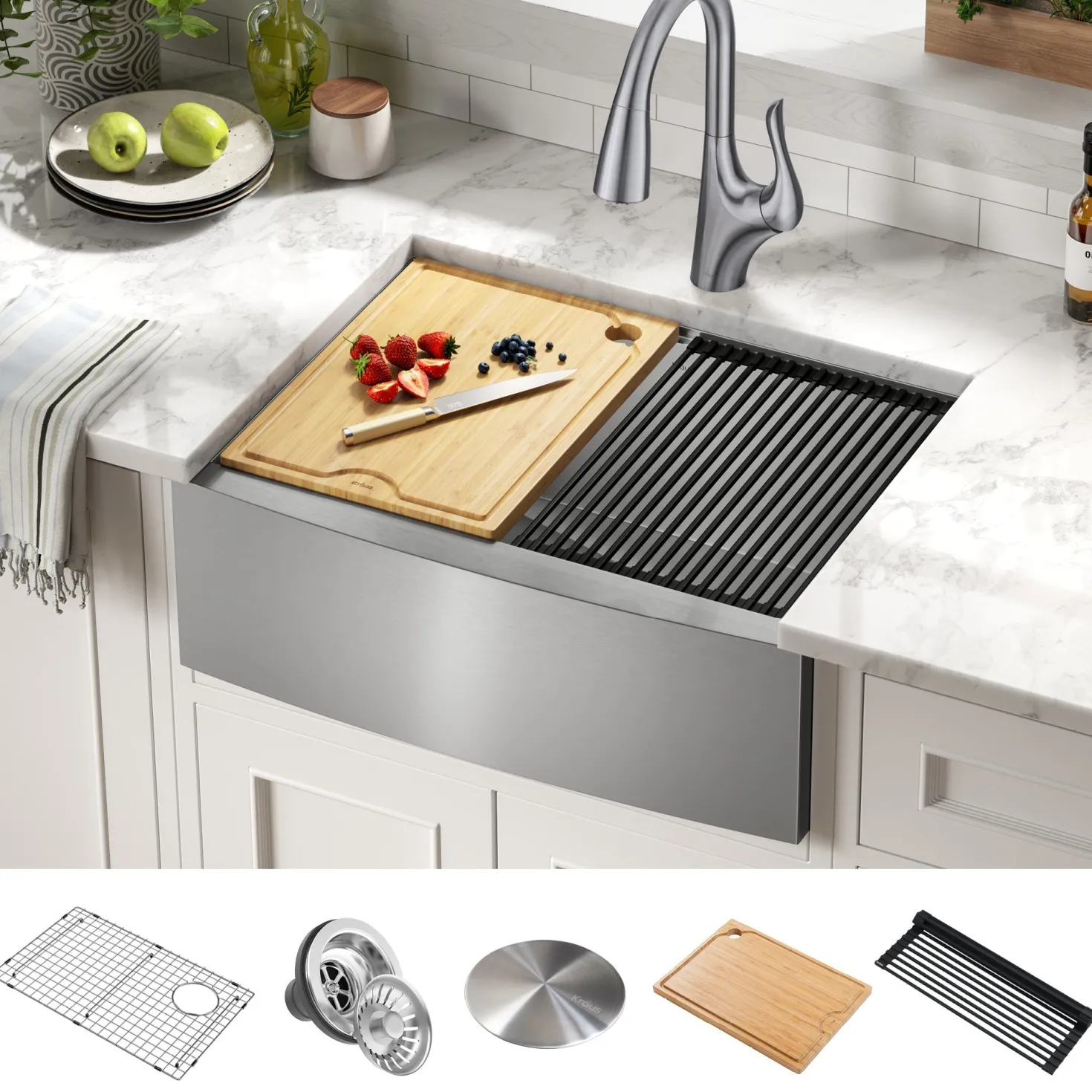 KRAUS Kore 27" Apron Front Workstation 16 Gauge Stainless Steel Kitchen Sink