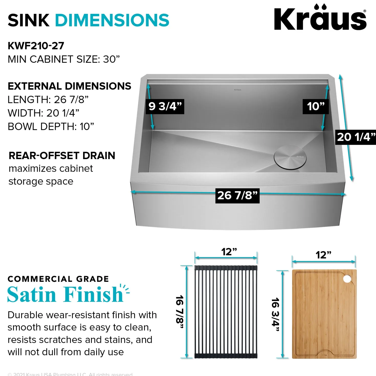 KRAUS Kore 27" Apron Front Workstation 16 Gauge Stainless Steel Kitchen Sink