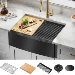 KRAUS Kore 27" Apron Front Workstation 16 Gauge Stainless Steel Kitchen Sink in PVD Gunmetal Finish