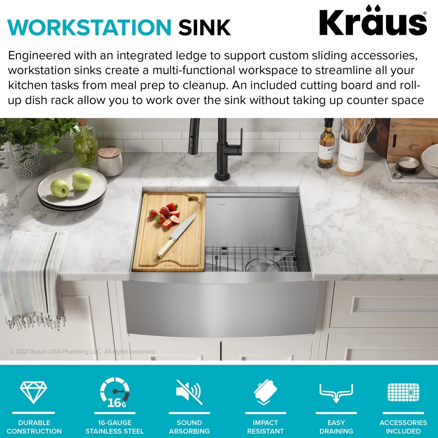 KRAUS Kore 24" Apron Front Workstation 16 Gauge Stainless Steel Single Bowl Kitchen Sink with Accessories