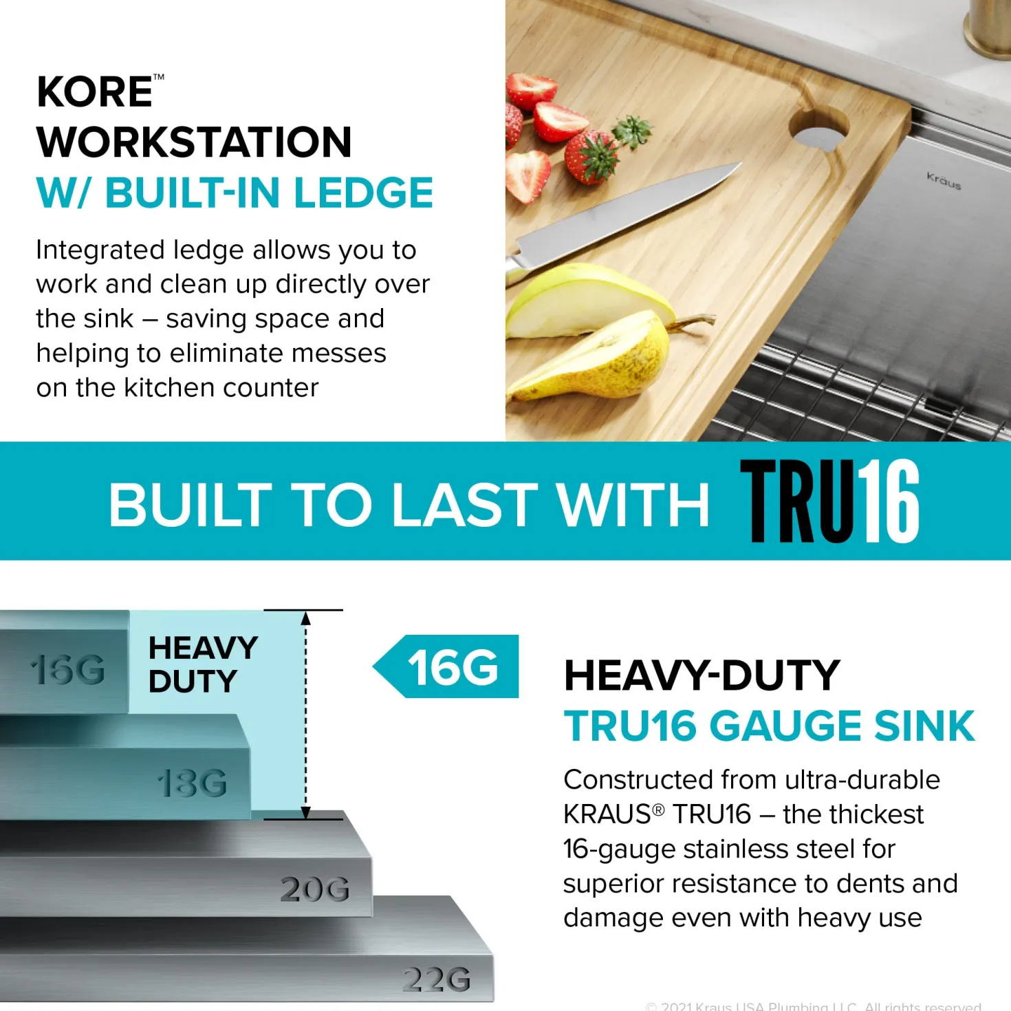 KRAUS Kore 24" Apron Front Workstation 16 Gauge Stainless Steel Single Bowl Kitchen Sink with Accessories