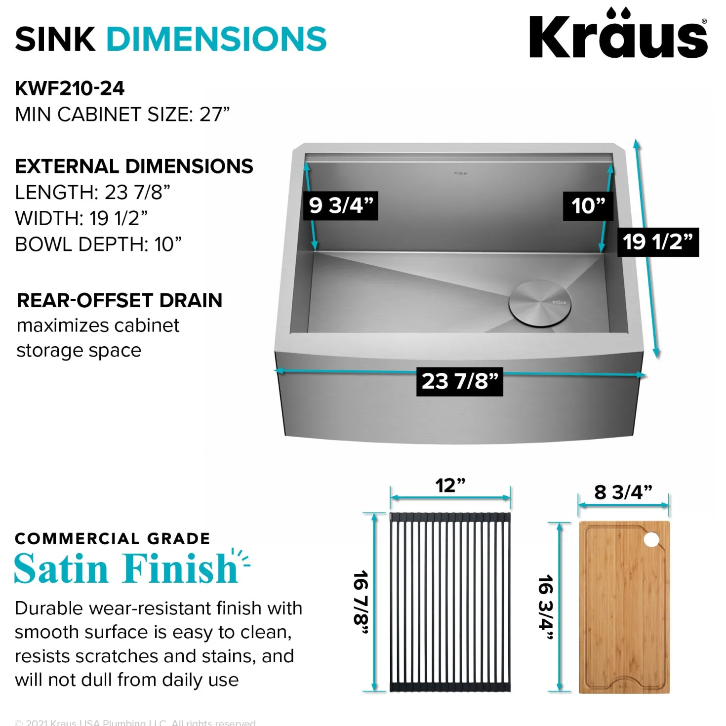 KRAUS Kore 24" Apron Front Workstation 16 Gauge Stainless Steel Single Bowl Kitchen Sink with Accessories