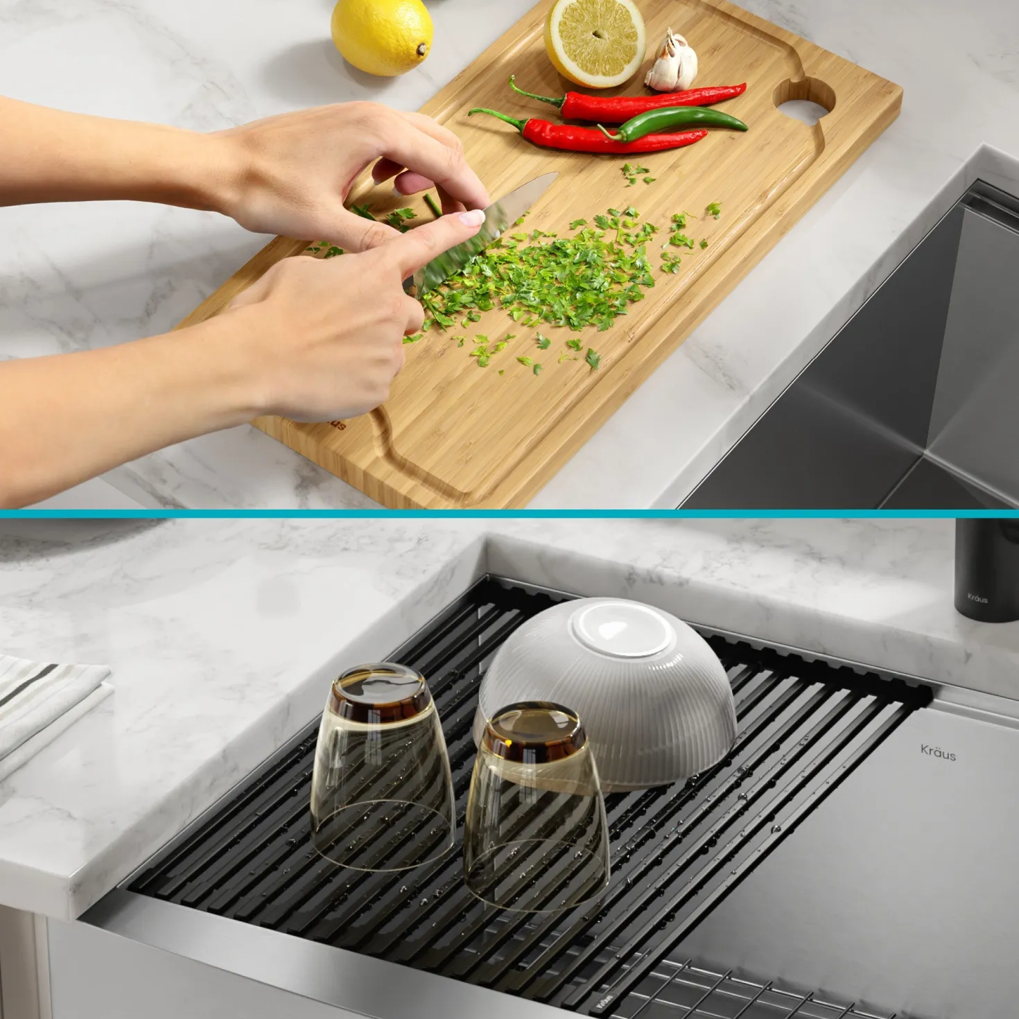 KRAUS Kore 24" Apron Front Workstation 16 Gauge Stainless Steel Single Bowl Kitchen Sink with Accessories