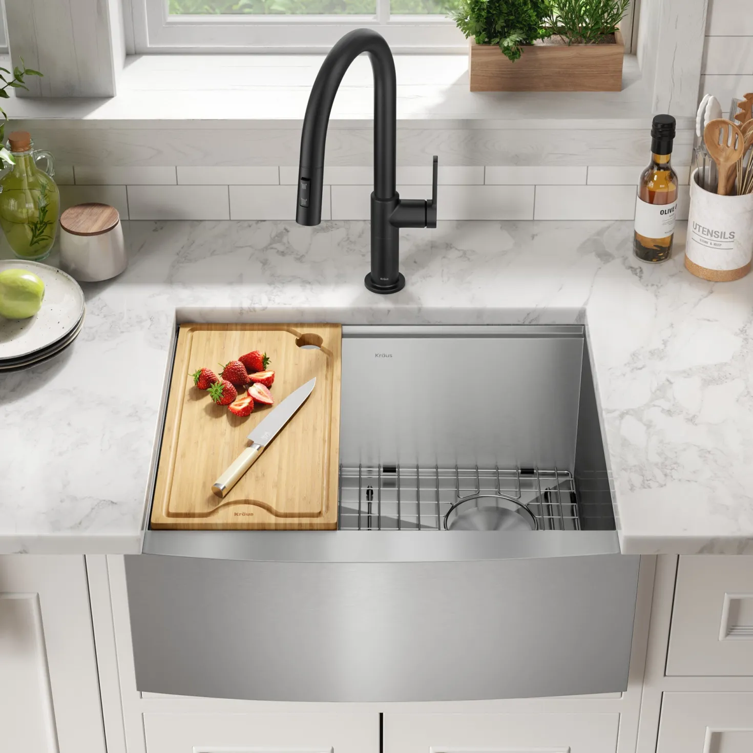 KRAUS Kore 24" Apron Front Workstation 16 Gauge Stainless Steel Single Bowl Kitchen Sink with Accessories