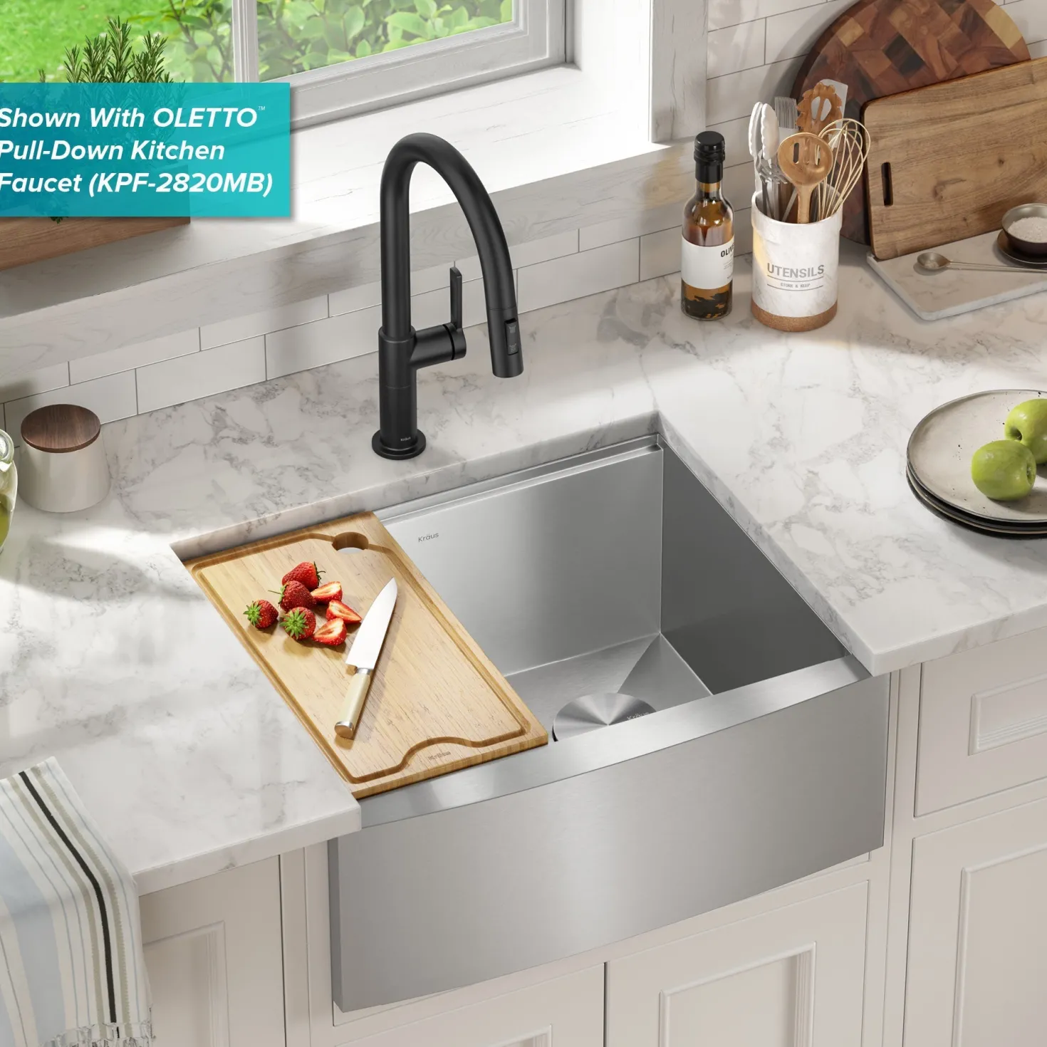KRAUS Kore 24" Apron Front Workstation 16 Gauge Stainless Steel Single Bowl Kitchen Sink with Accessories