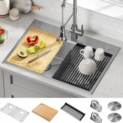 KRAUS Kore 30" Double Bowl Drop-In Workstation 16 Gauge Stainless Steel Kitchen Sink with Accessories