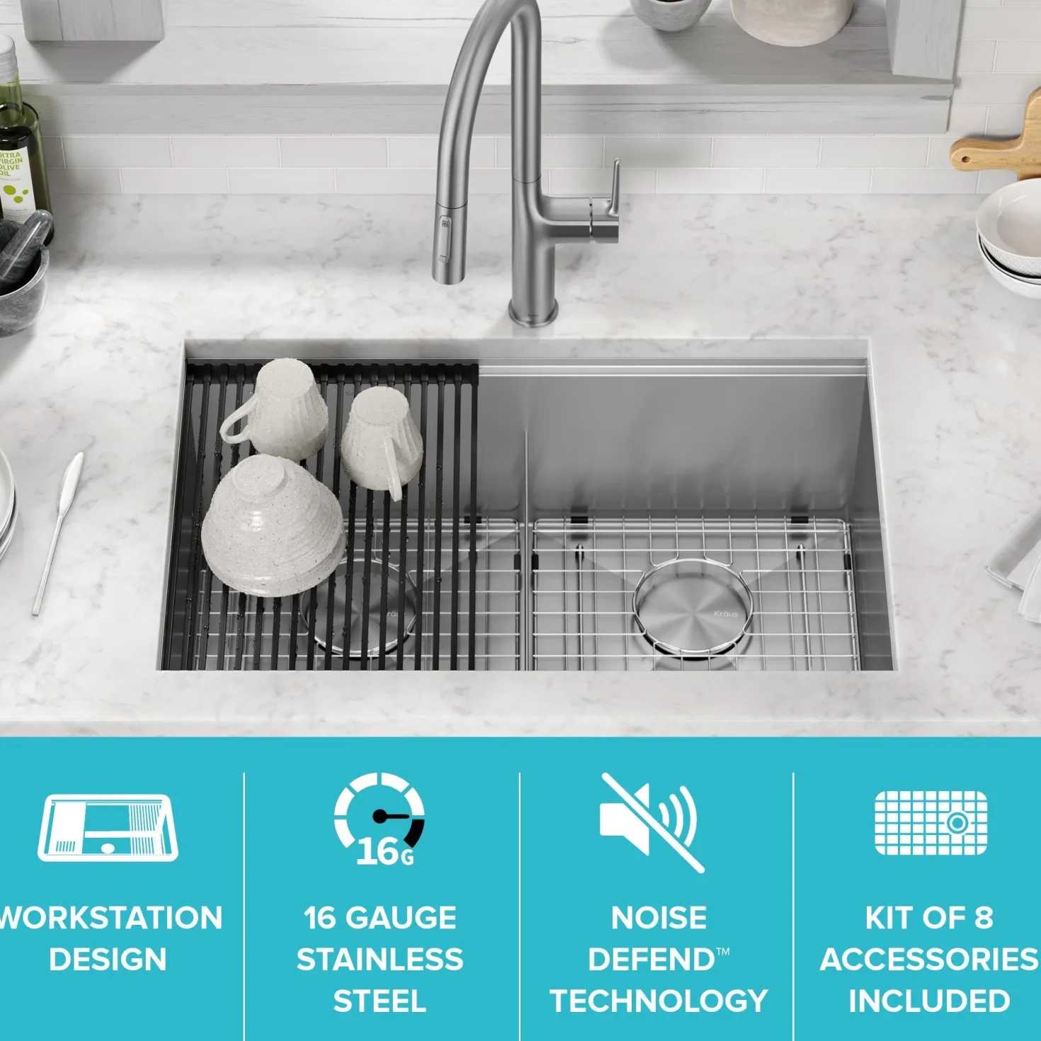 KRAUS Kore 30" Double Bowl Undermount Workstation 16 Gauge Stainless Steel Kitchen Sink with Accessories