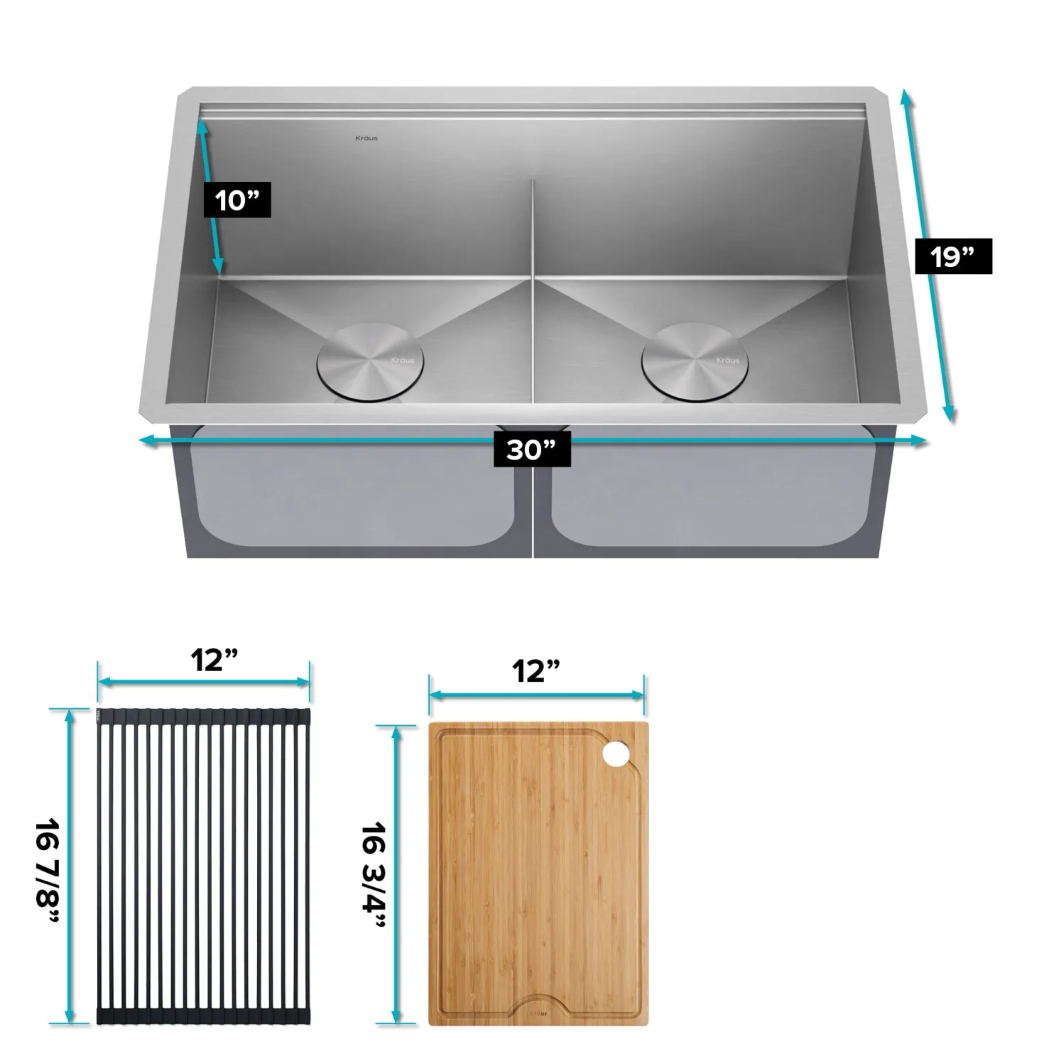KRAUS Kore 30" Double Bowl Undermount Workstation 16 Gauge Stainless Steel Kitchen Sink with Accessories