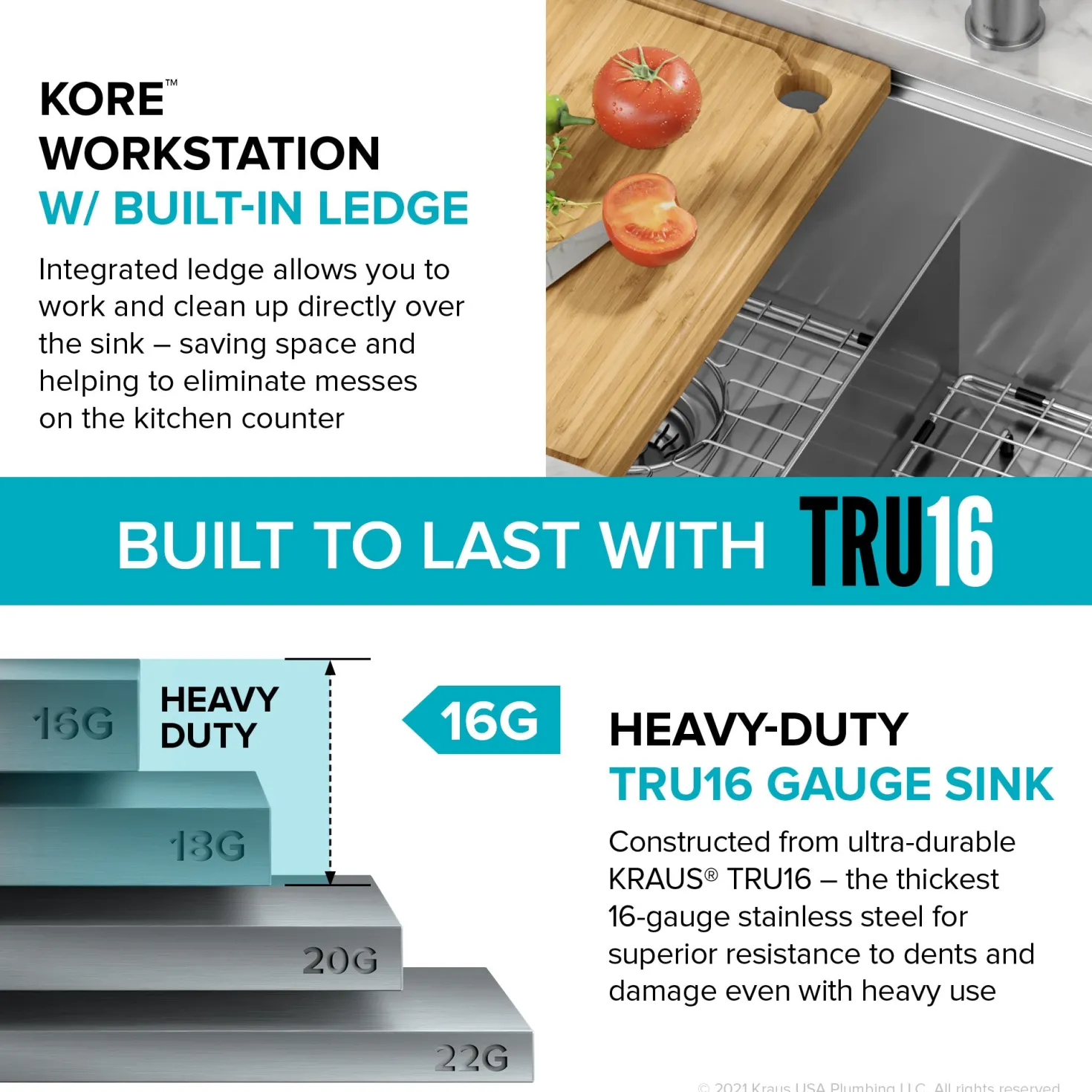 KRAUS Kore 30" Double Bowl Undermount Workstation 16 Gauge Stainless Steel Kitchen Sink with Accessories