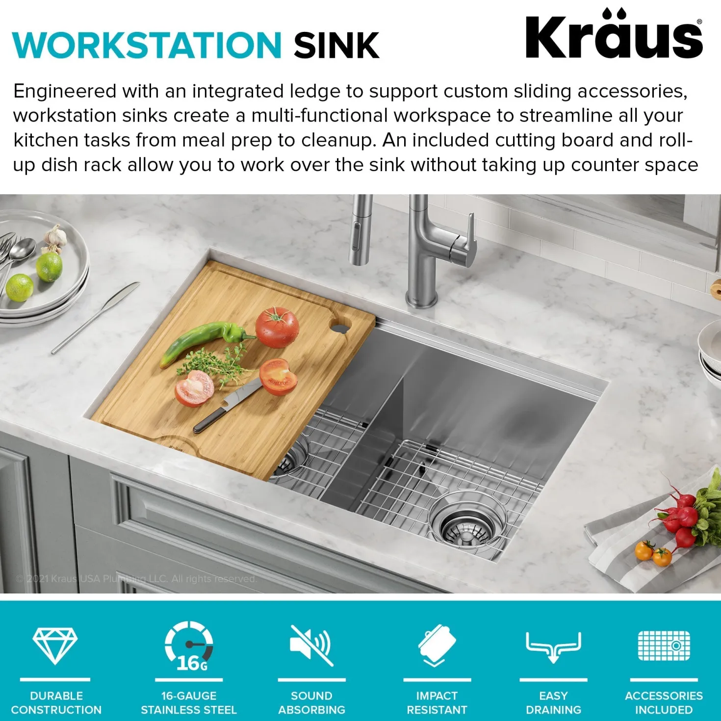 KRAUS Kore 30" Double Bowl Undermount Workstation 16 Gauge Stainless Steel Kitchen Sink with Accessories