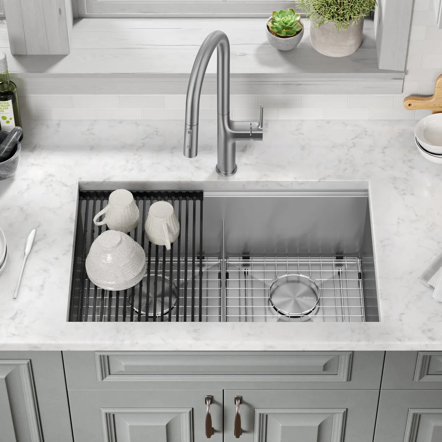 KRAUS Kore 30" Double Bowl Undermount Workstation 16 Gauge Stainless Steel Kitchen Sink with Accessories