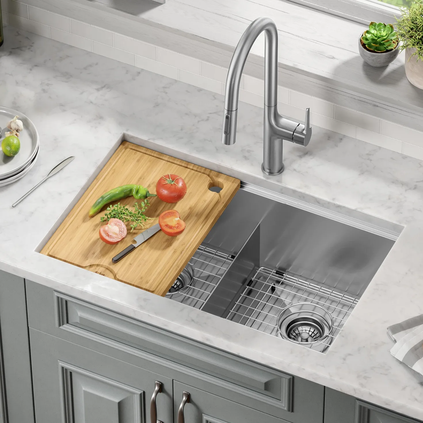 KRAUS Kore 30" Double Bowl Undermount Workstation 16 Gauge Stainless Steel Kitchen Sink with Accessories