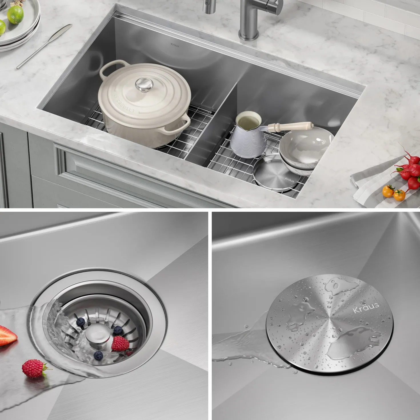 KRAUS Kore 30" Double Bowl Undermount Workstation 16 Gauge Stainless Steel Kitchen Sink with Accessories