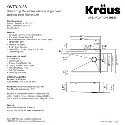 KRAUS Kore 28" Drop-In Workstation 16 Gauge Stainless Steel Single Bowl Kitchen Sink with Accessories