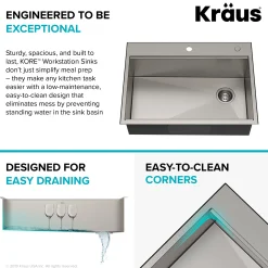 KRAUS Kore 30" Drop-In Workstation 16 Gauge Stainless Steel Single Bowl Kitchen Sink with Accessories