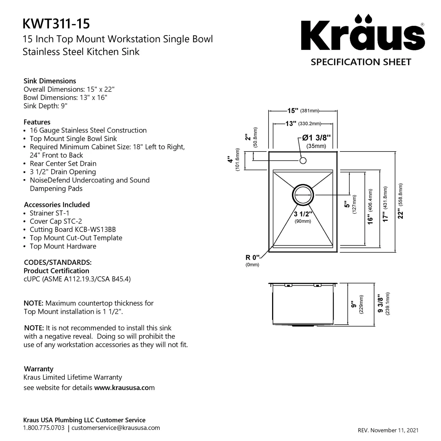 KRAUS Kore 15" Drop-In Workstation 16 Gauge Stainless Steel Single Bowl Kitchen Bar Sink with Accessories
