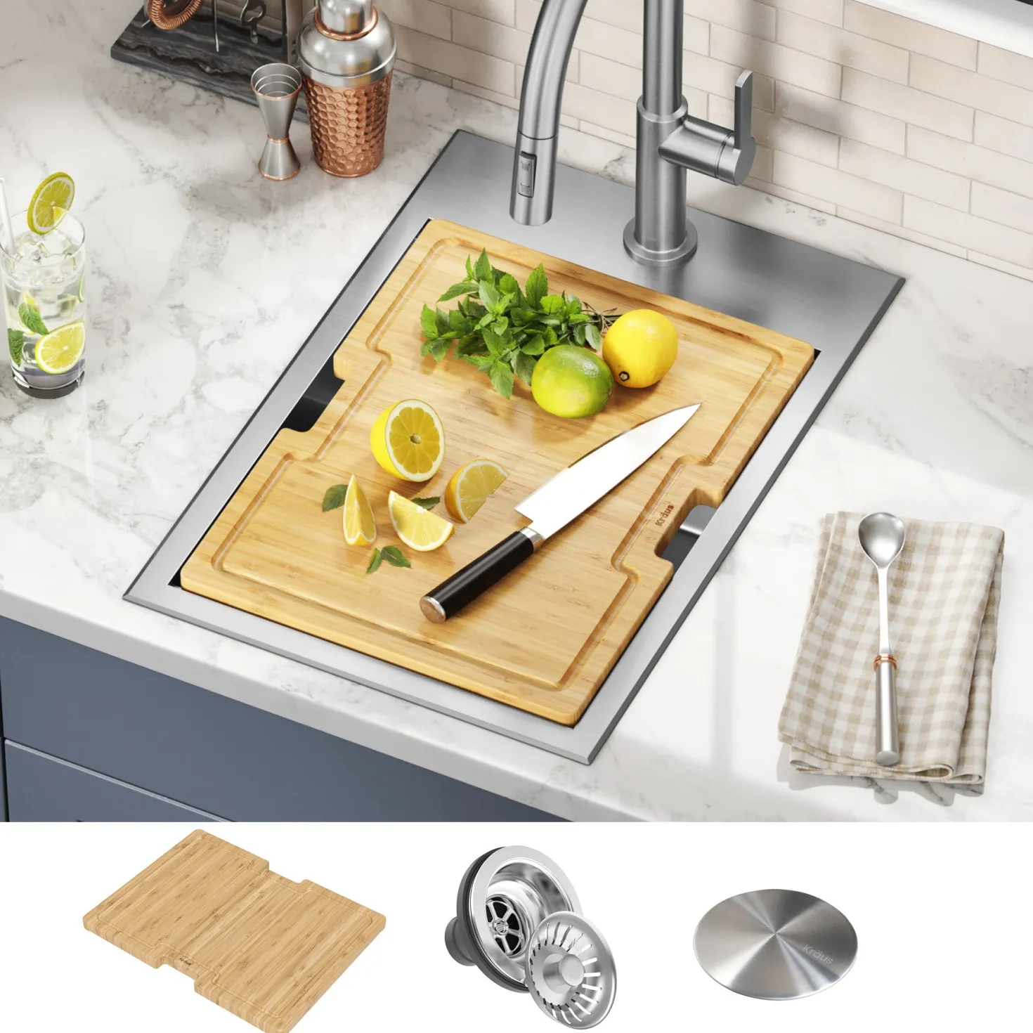 KRAUS Kore 15" Drop-In Workstation 16 Gauge Stainless Steel Single Bowl Kitchen Bar Sink with Accessories