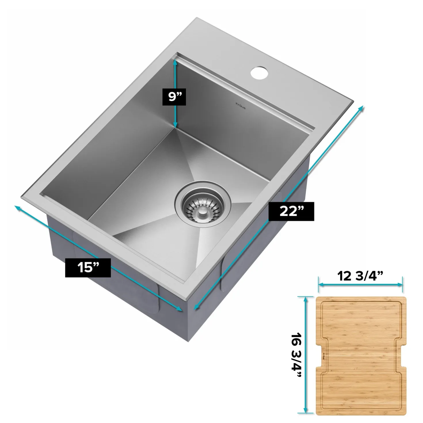 KRAUS Kore 15" Drop-In Workstation 16 Gauge Stainless Steel Single Bowl Kitchen Bar Sink with Accessories
