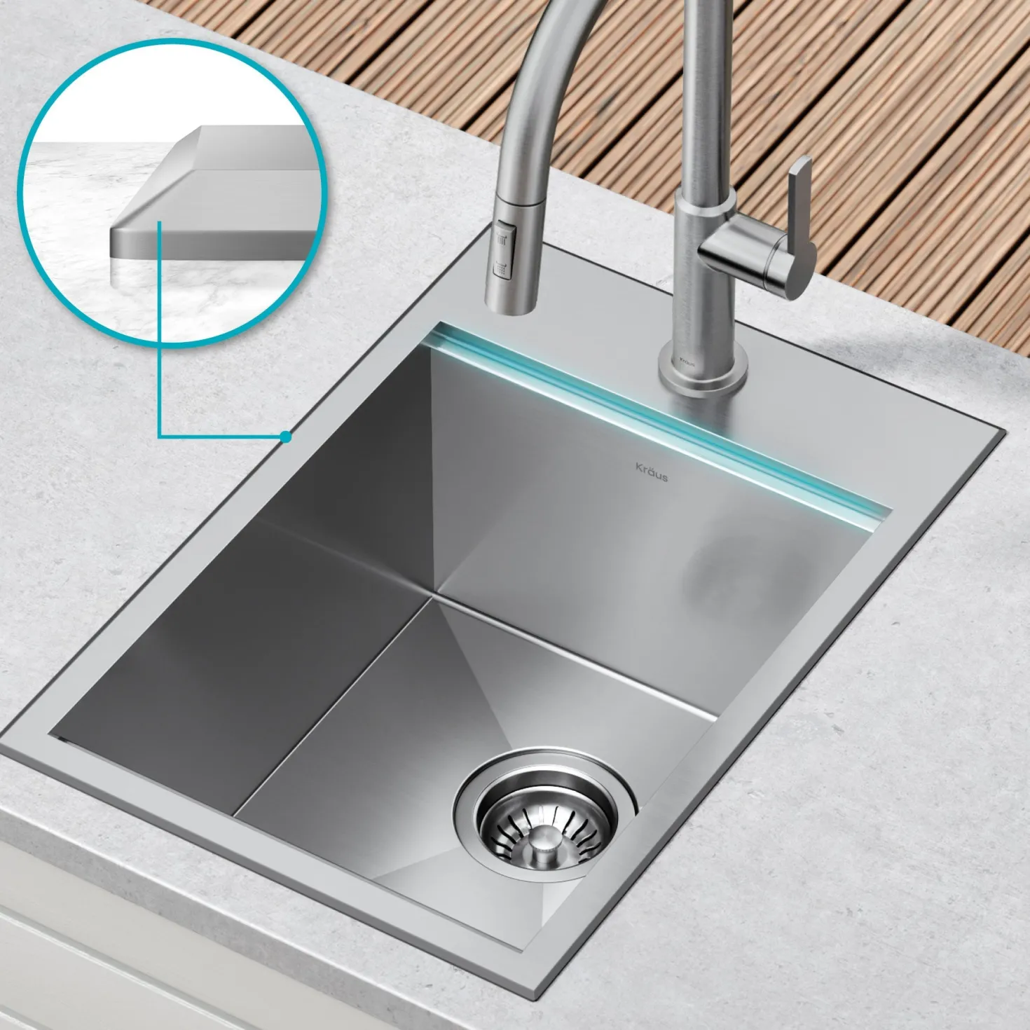 KRAUS Kore 15" Drop-In Workstation 16 Gauge Stainless Steel Single Bowl Kitchen Bar Sink with Accessories