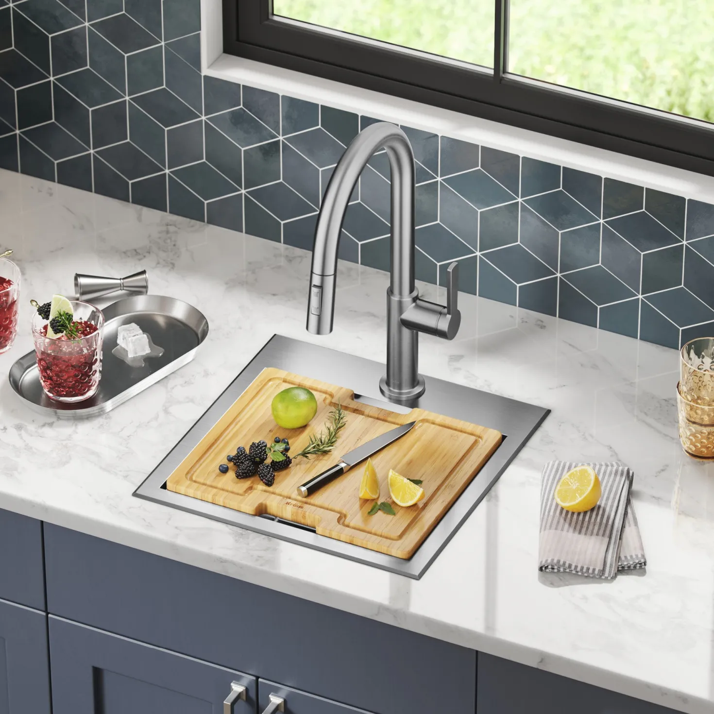 KRAUS Kore 15" Drop-In Workstation 16 Gauge Stainless Steel Square Prep Sink with Accessories