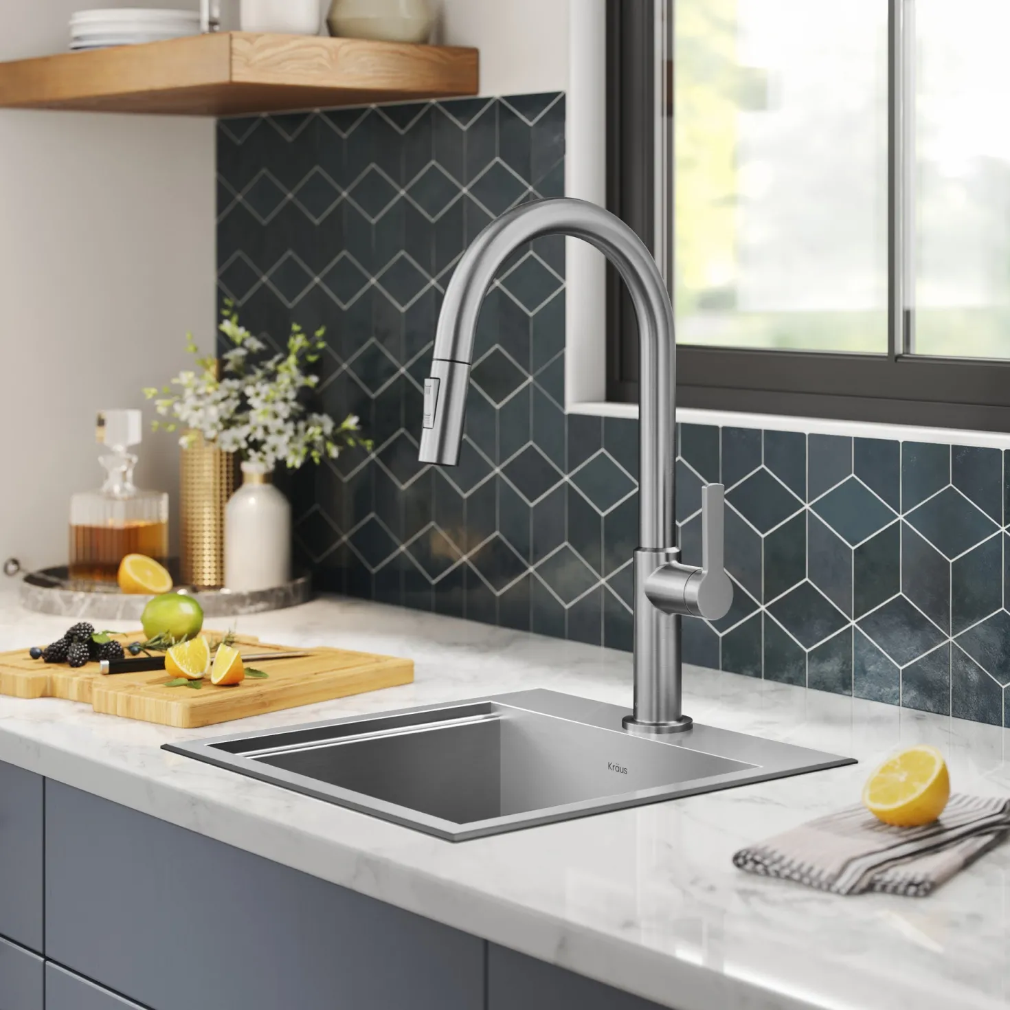 KRAUS Kore 15" Drop-In Workstation 16 Gauge Stainless Steel Square Prep Sink with Accessories