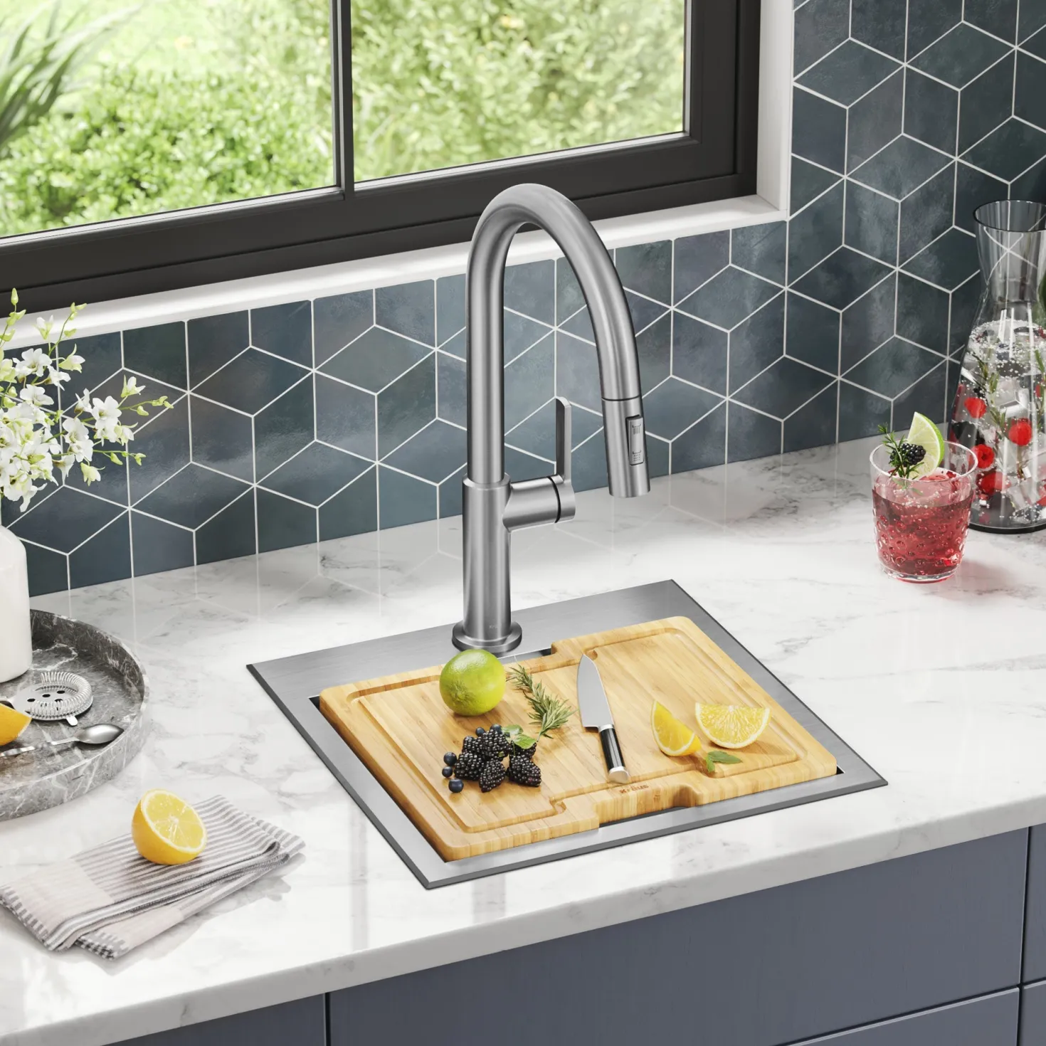 KRAUS Kore 15" Drop-In Workstation 16 Gauge Stainless Steel Square Prep Sink with Accessories