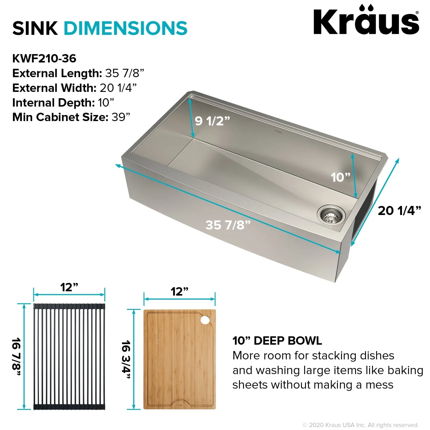 KRAUS Kore 36" 16 Gauge Stainless Steel Farmhouse Workstation Kitchen Sink