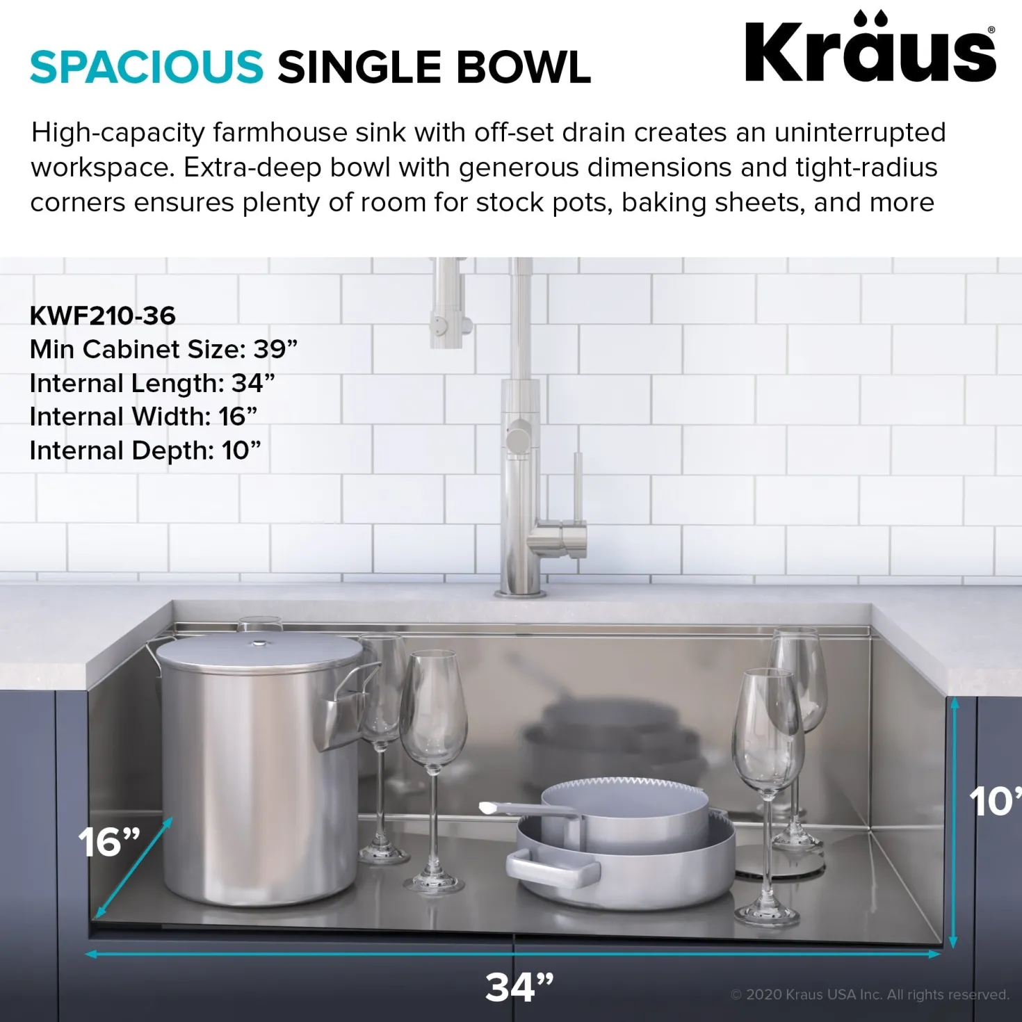 KRAUS Kore 36" 16 Gauge Stainless Steel Farmhouse Workstation Kitchen Sink