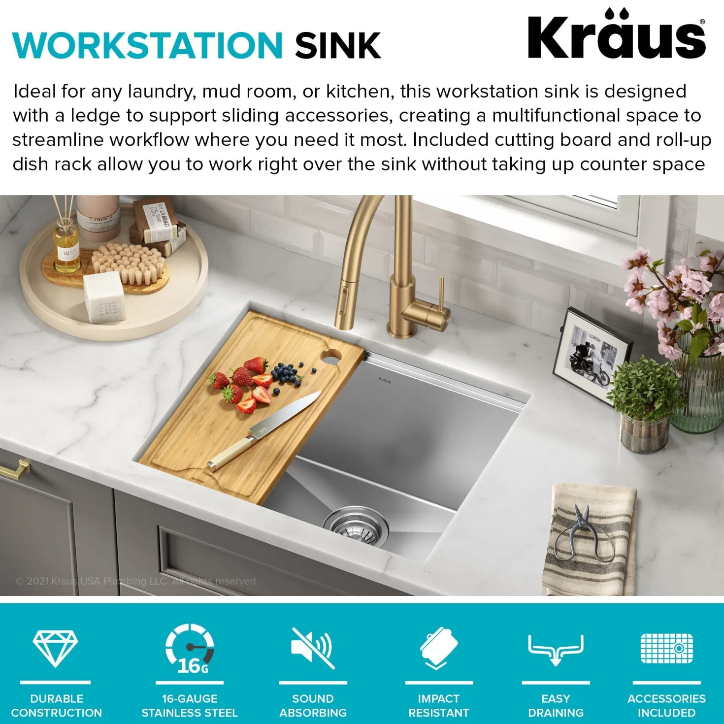 KRAUS Kore 23" Undermount Workstation 16 Gauge Laundry Utility Sink with Accessories
