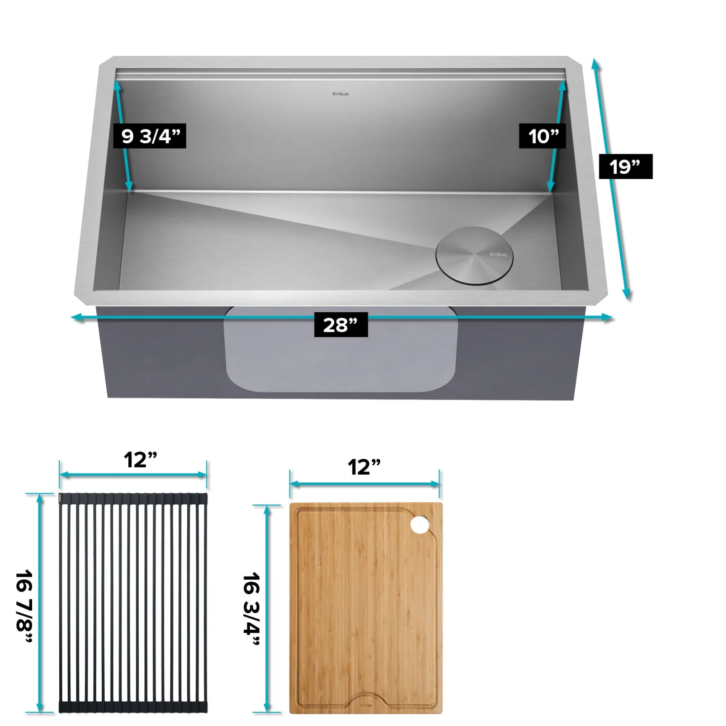 KRAUS Kore 28" Undermount Workstation 16 Gauge Stainless Steel Single Bowl Kitchen Sink with Accessories