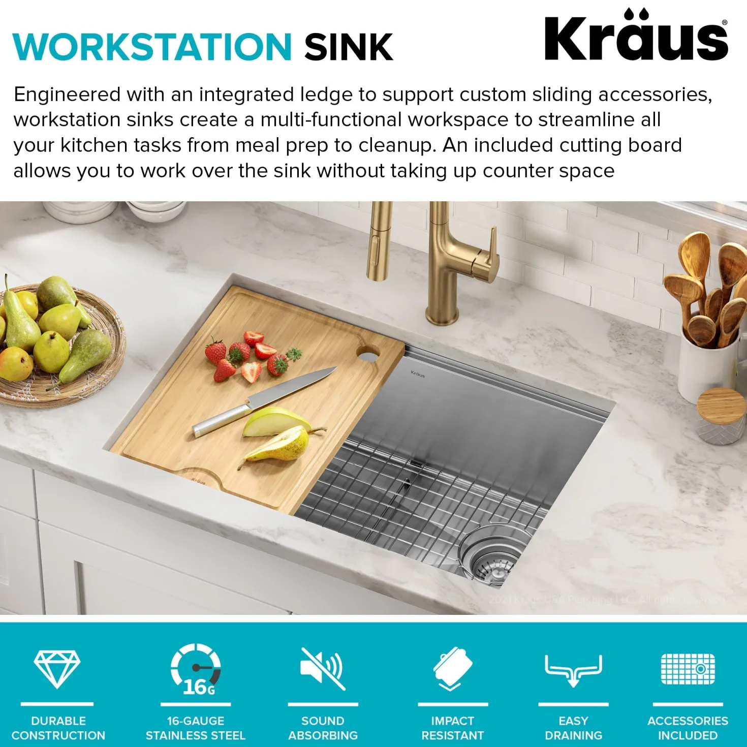 KRAUS Kore 28" Undermount Workstation 16 Gauge Stainless Steel Single Bowl Kitchen Sink with Accessories