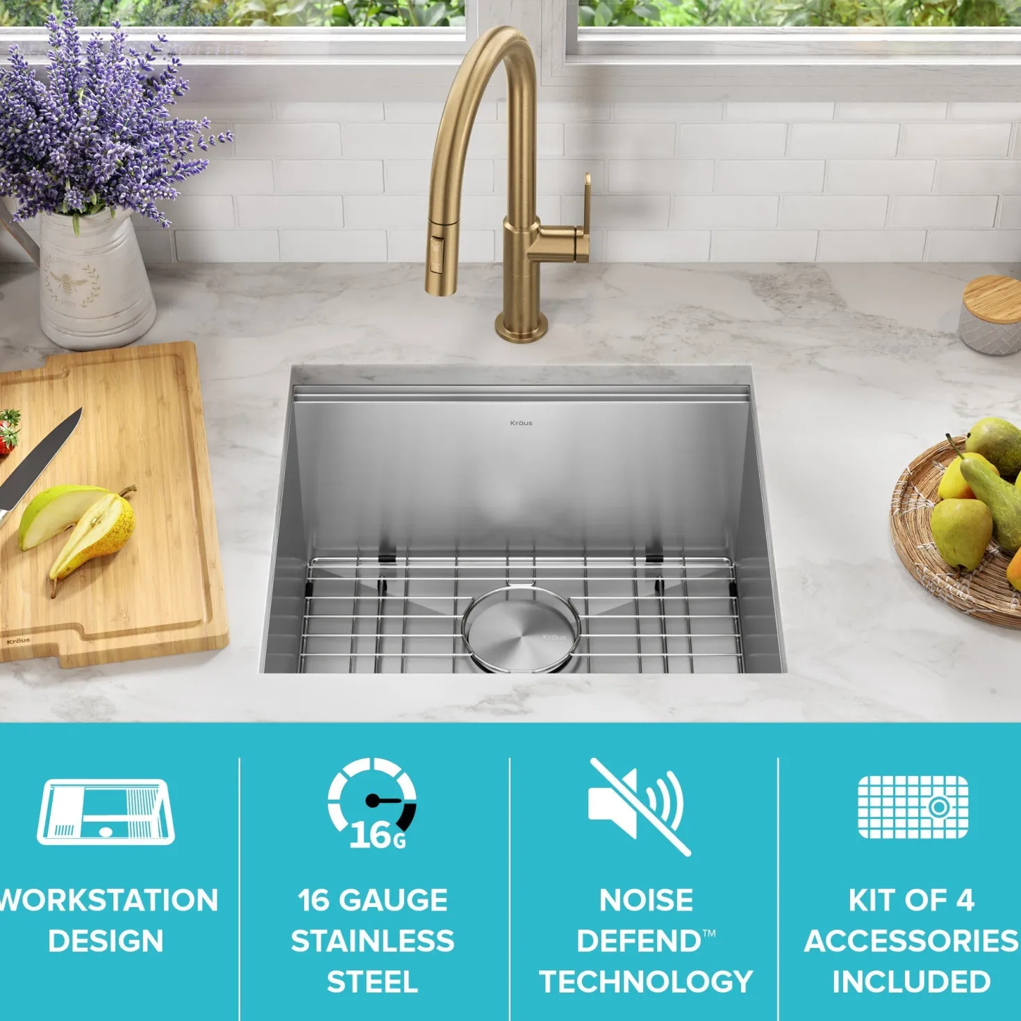 KRAUS Kore 21" Undermount Workstation 16 Gauge Stainless Steel Single Bowl Kitchen Sink with Accessories