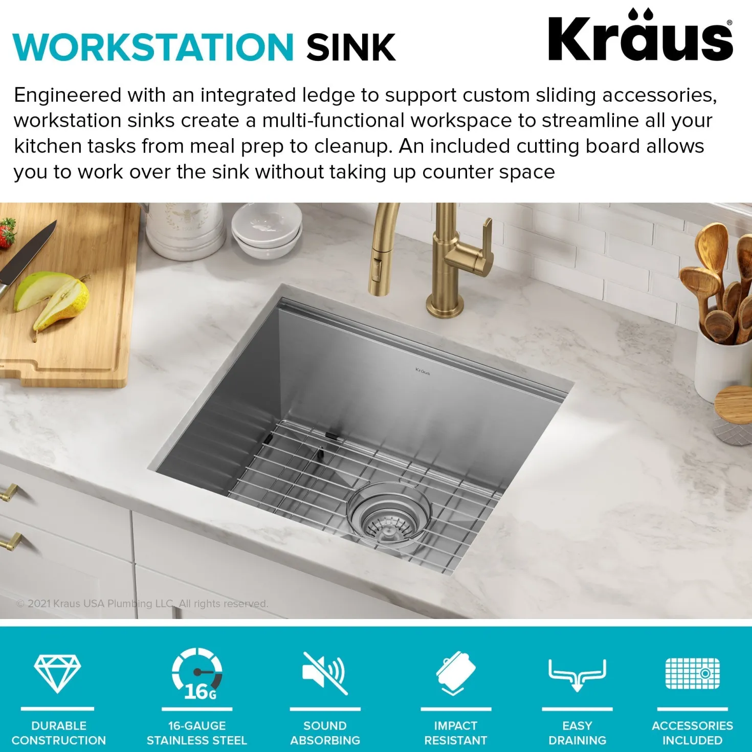 KRAUS Kore 21" Undermount Workstation 16 Gauge Stainless Steel Single Bowl Kitchen Sink with Accessories