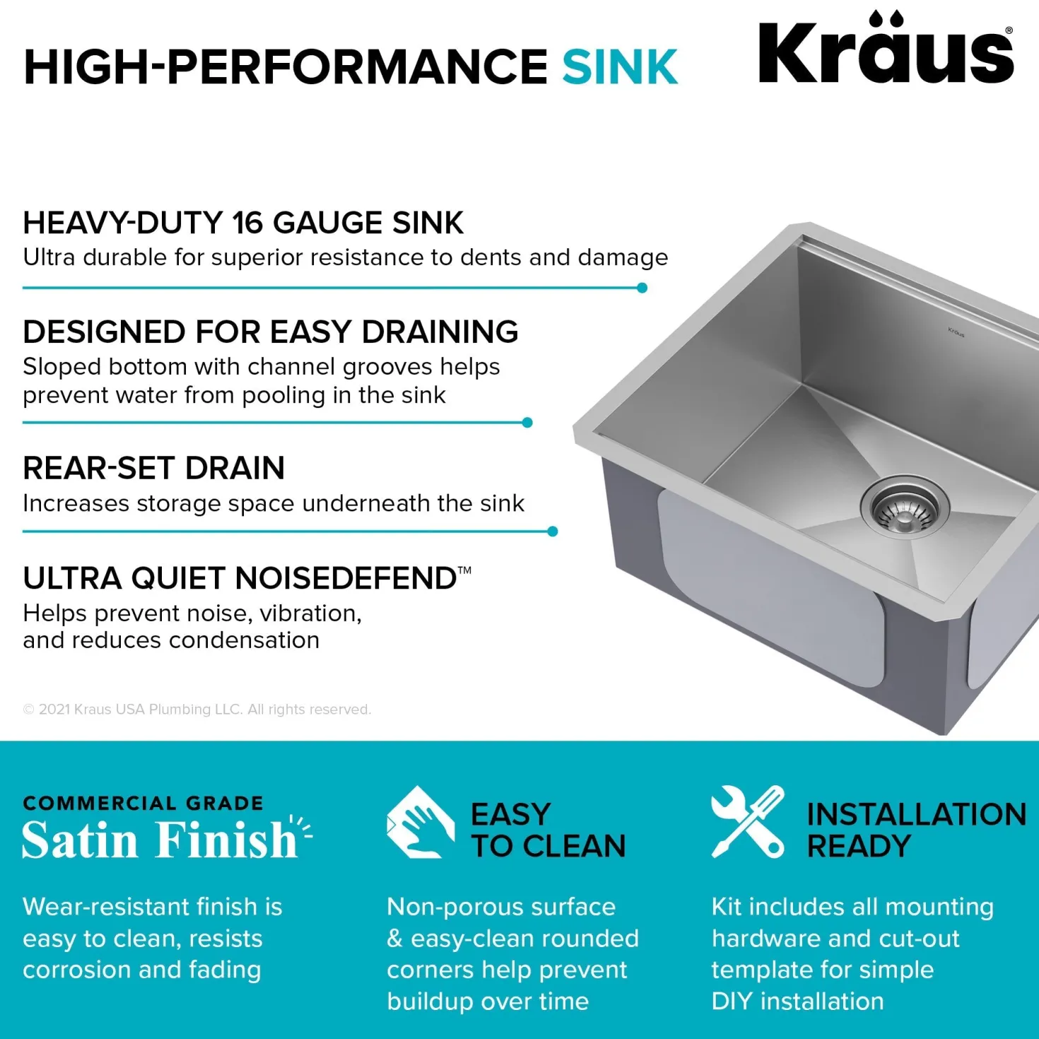 KRAUS Kore 21" Undermount Workstation 16 Gauge Stainless Steel Single Bowl Kitchen Sink with Accessories