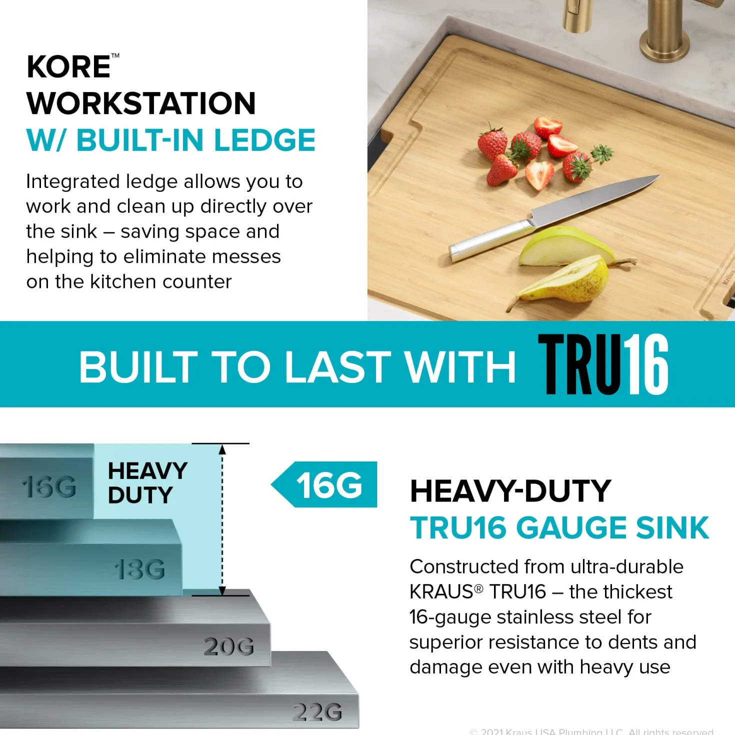 KRAUS Kore 21" Undermount Workstation 16 Gauge Stainless Steel Single Bowl Kitchen Sink with Accessories