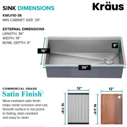 KRAUS Kore 36" Undermount Workstation 16 Gauge Stainless Steel Single Bowl Kitchen Sink with Accessories