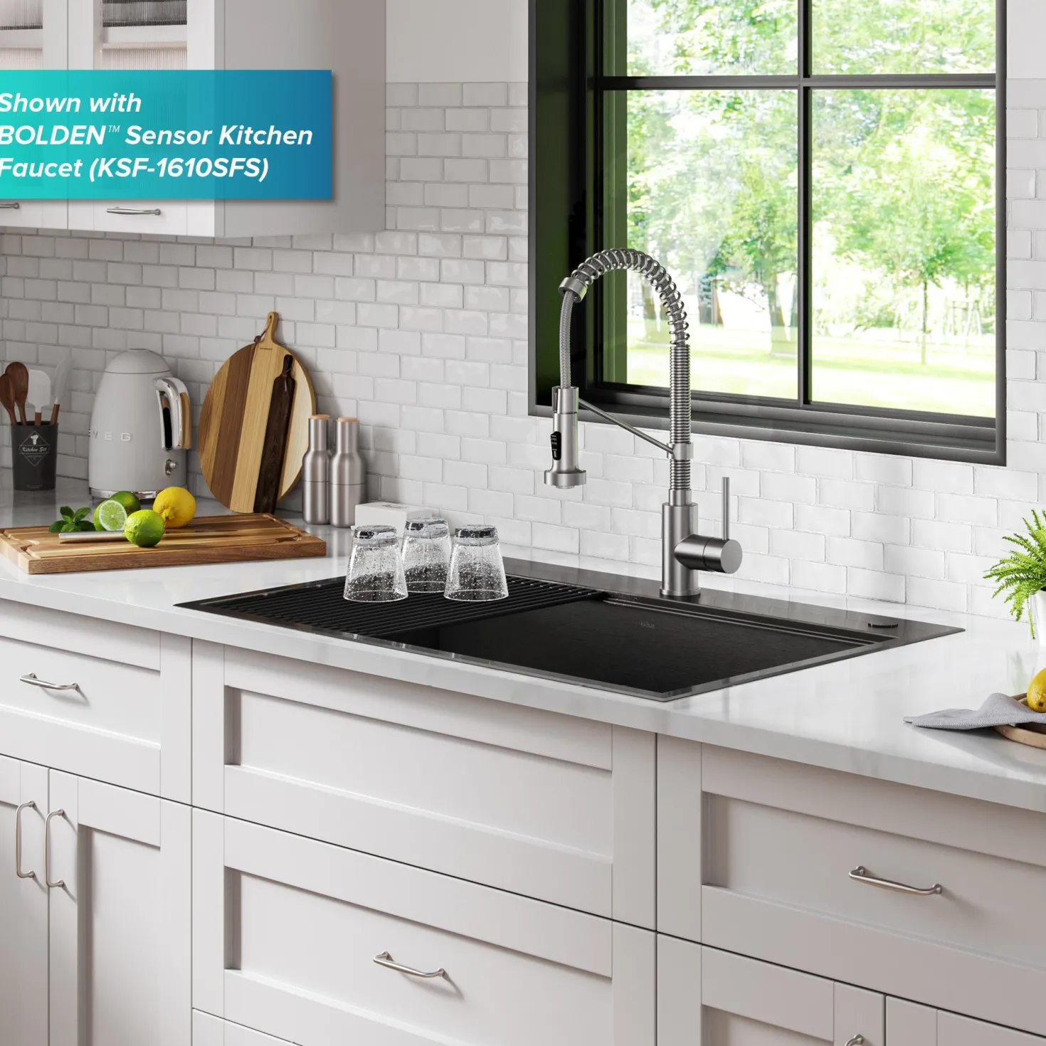 KRAUS Kore Workstation 33" Drop-In 16 Gauge Single Bowl Kitchen Sink in PVD Gunmetal