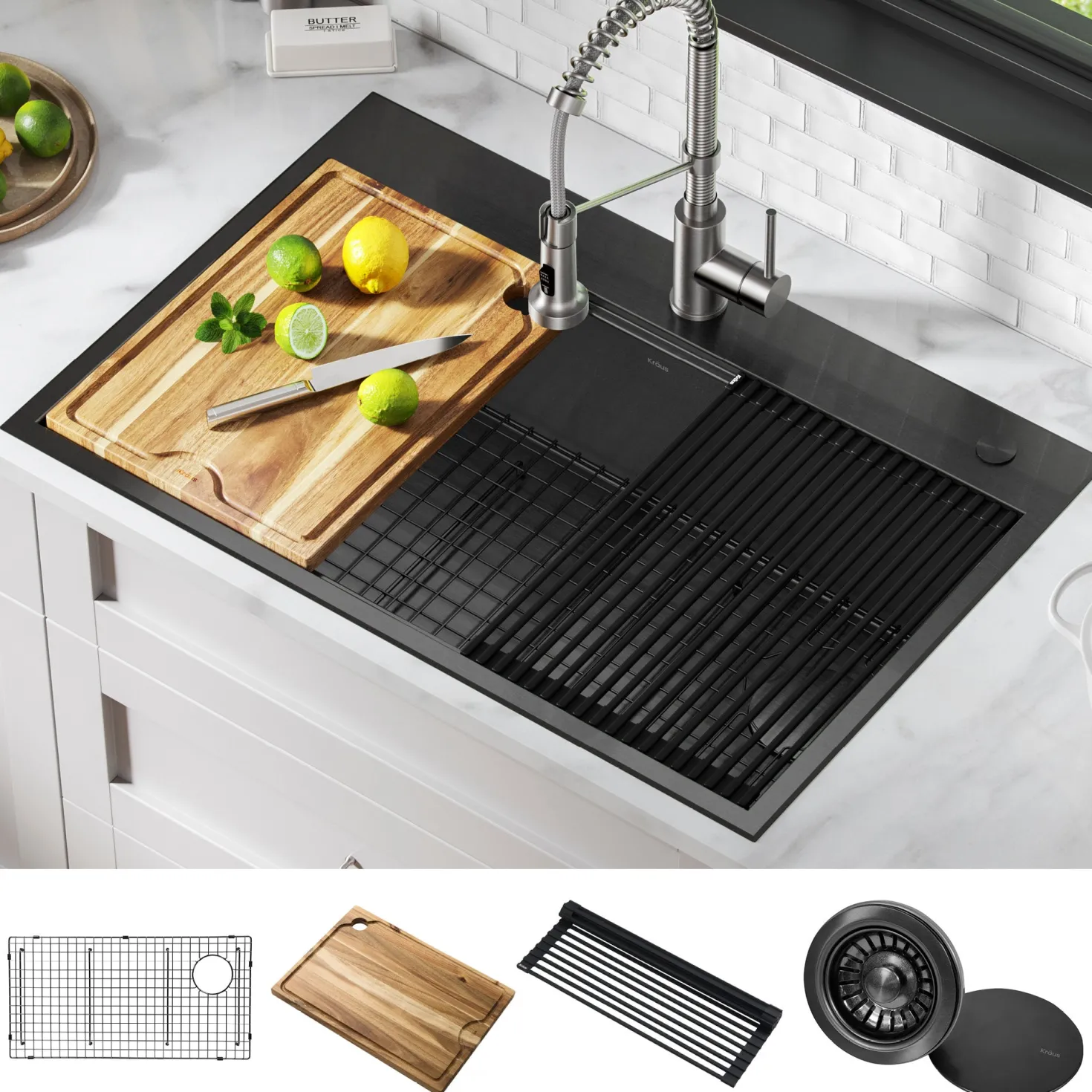 KRAUS Kore Workstation 33" Drop-In 16 Gauge Single Bowl Kitchen Sink in PVD Gunmetal