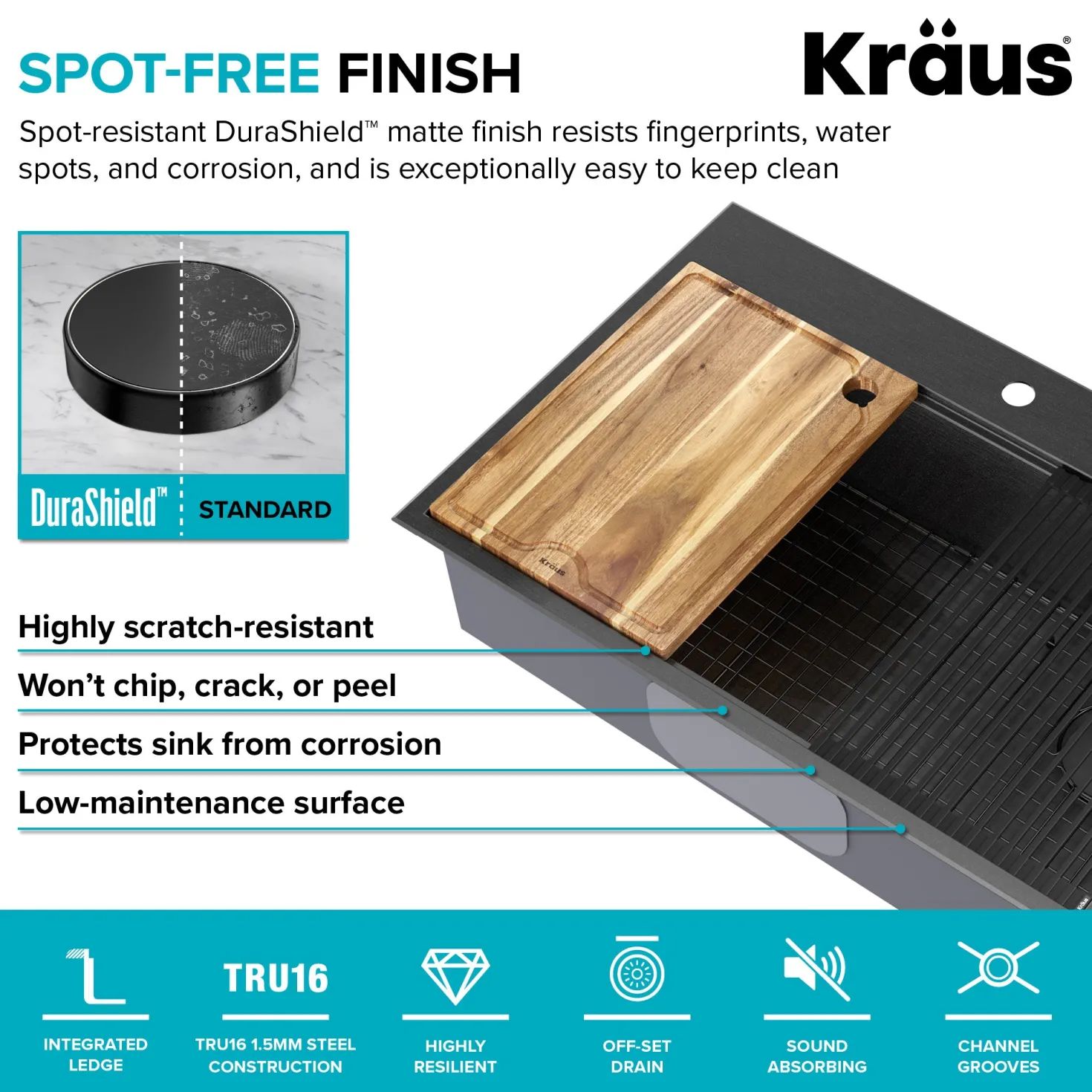 KRAUS Kore Workstation 33" Drop-In 16 Gauge Single Bowl Kitchen Sink in PVD Gunmetal