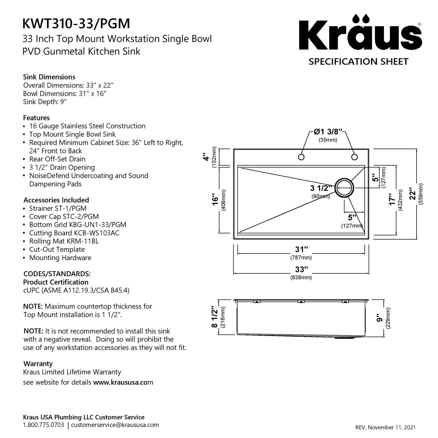 KRAUS Kore Workstation 33" Drop-In 16 Gauge Single Bowl Kitchen Sink in PVD Gunmetal