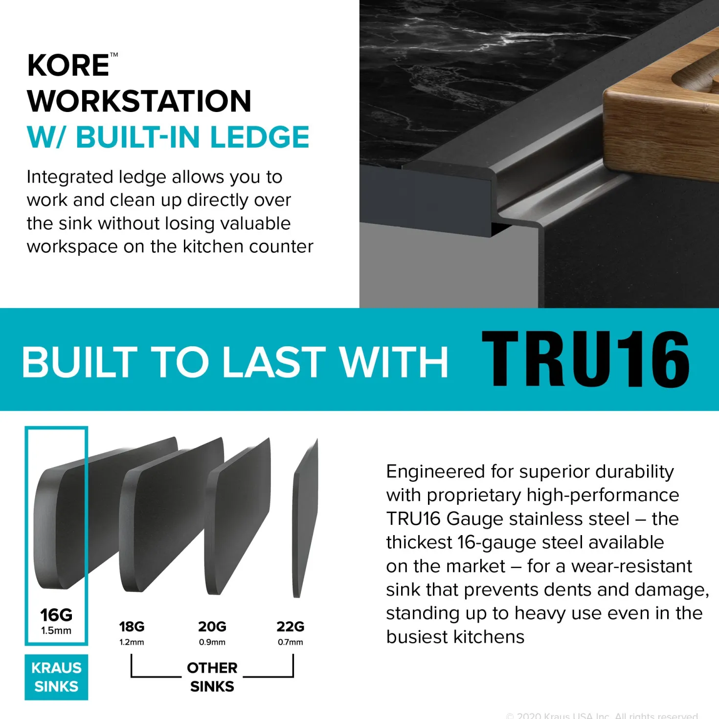KRAUS Kore Workstation 33" Drop-In 16 Gauge Single Bowl Kitchen Sink in PVD Gunmetal