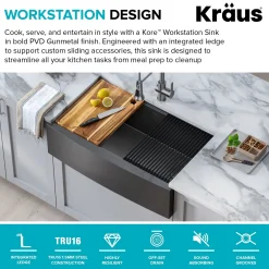 KRAUS Kore Workstation 33" Farmhouse Apron Front 16 Gauge Single Bowl Kitchen Sink in PVD Gunmetal